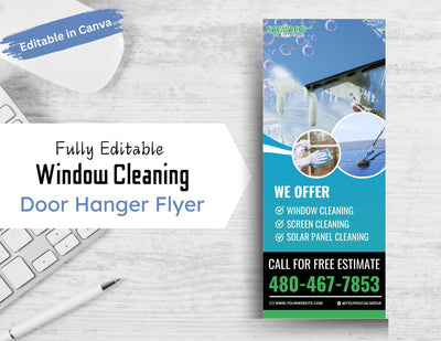 editable and customizable Window Cleaning door hanger Flyer for small business in canva