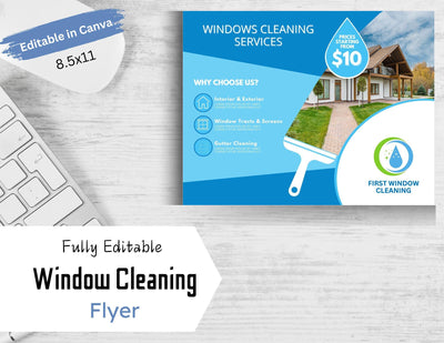 Fully Editable Window Cleaning Flyer | Window Washing | Banner Flyer | 11x8.5 | Commercial Residential | Pressure Washing | Blue | Squeegee