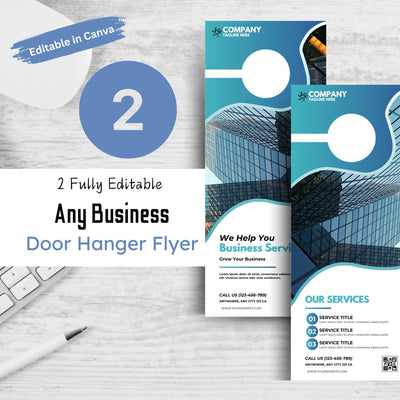 Editable Business Door Hanging Flyer | DIY Canva Template Design | Glass City Building, Real Estate, Contractors, Blue Modern Simple Design