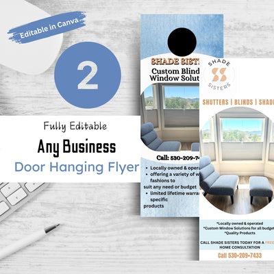 Two Flyer Templates, editable in Canva, blue, orange, white, for door hangers featuring for any business, modern design